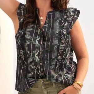 Anthropologie NWOT Pilcro Black Motif Ruffled Buttondown Sleeveless Blouse 1X